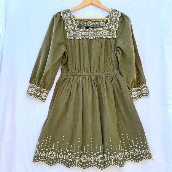 MADEWELL | XS EMBROIDERED CORDUROY SQUARE NECK DRESS DISTANT SURPLUS GREEN - Picture 3 of 8